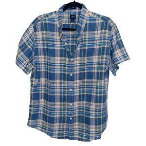 J Crew Shirt Mens Large Madras Plaid Short Sleeve Slim Linen Blend Preppy Money